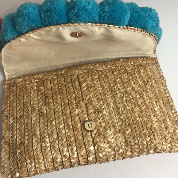 Shiraleah Chicago Fortuna Straw Turquoise Pom Pom Clutch Handbag - Picture 4 of 9